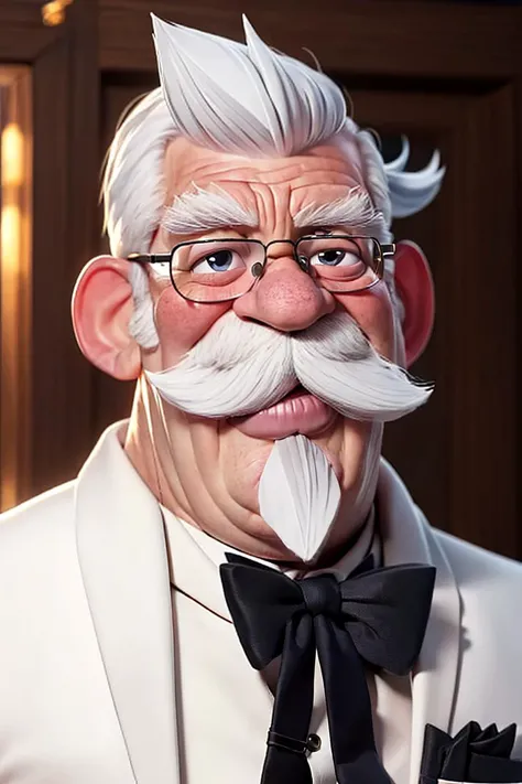 1man, portrait of colsanders fat old man wear white suit, black tie, glasses, white hair mustache beard, look looking at viewer,