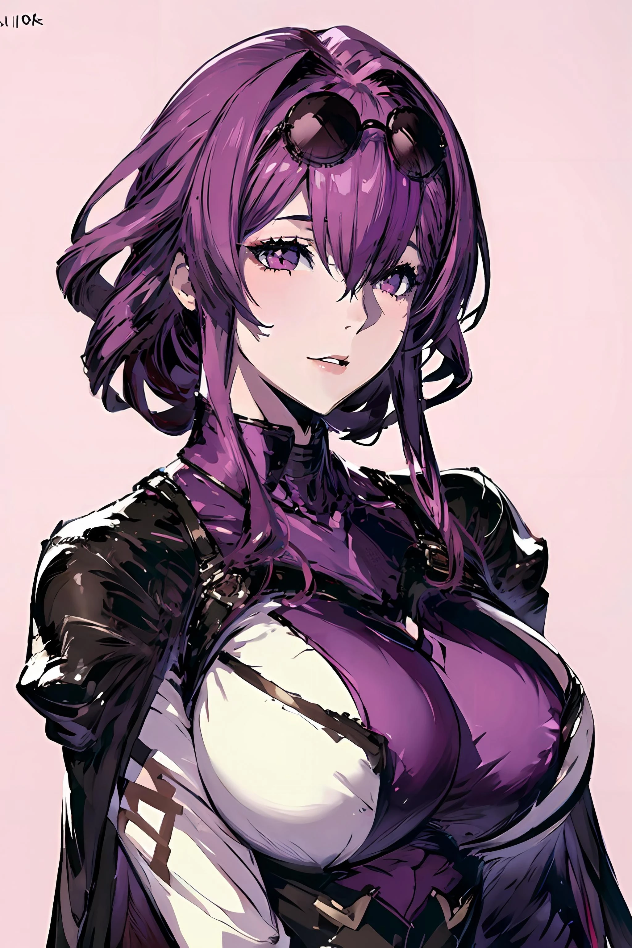 1girl, portrait, upper body, revealing breast, large breast, low-cut, star-kafka, purple hair, pink eyes, eyewear on hair, sunglasses, hair between eyes, simple background, purple_background, <lora:kafka-v1.6-lora-anylora-128dim-block:0.6>,