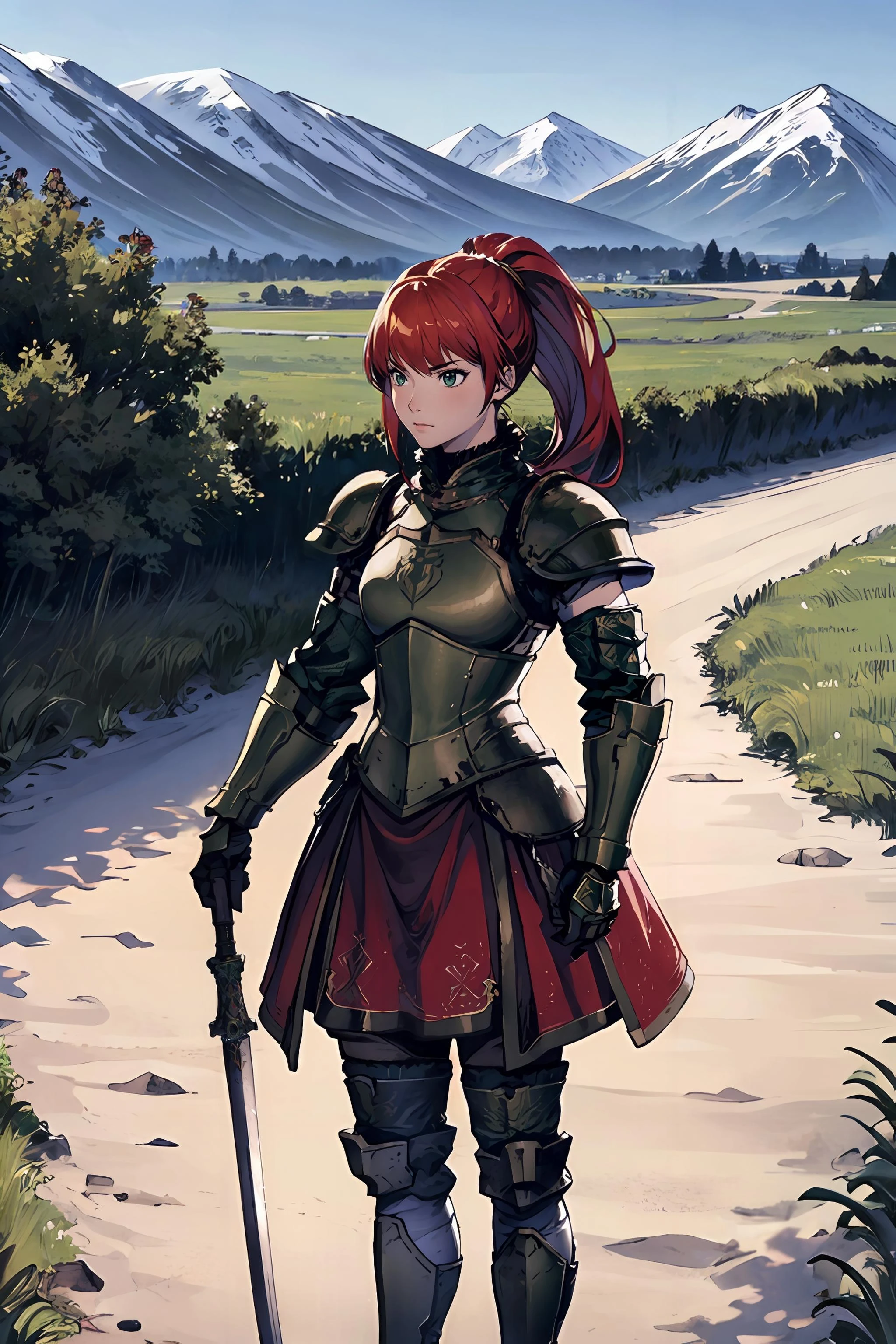 high detailed, masterpiece, best quality:1.2, hdr, absurdres, 1girl, armor dress, red hair, pony tail, golden armor, sword, claymore, serious face, looking away, standing, fantasy world, detailed background, green plains, mountains,
