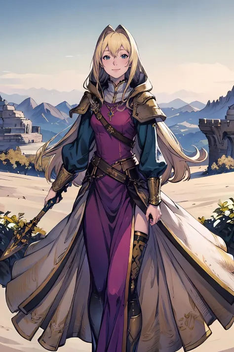 high detailed, masterpiece, best quality:1.2, hdr, absurdres, 1girl,  priest dress, fantasy priest, blonde hair, long hair, golden armor, sword, grimoire, smile, looking away, standing, fantasy world, detailed background, green plains, mountains, beautiful