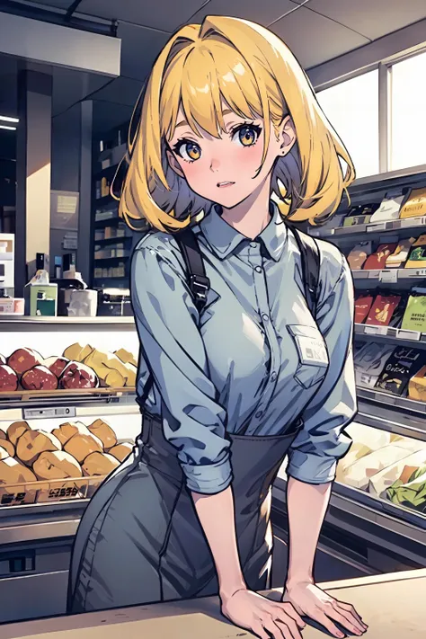 1girl, supermarket, cute, beautiful face, upper body, cashier, supermarket cashier, yellow_hair, medium hair, nervous,