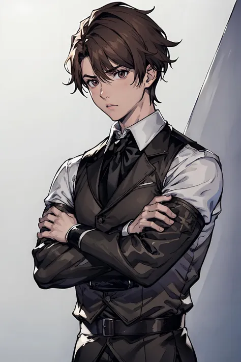 ((1boy)), serious face, white collared shirt, black tie, dark circles, annoyed_face:1.3, disheveled hair, young, rolled_up_sleeves:1.3, brown_hair,