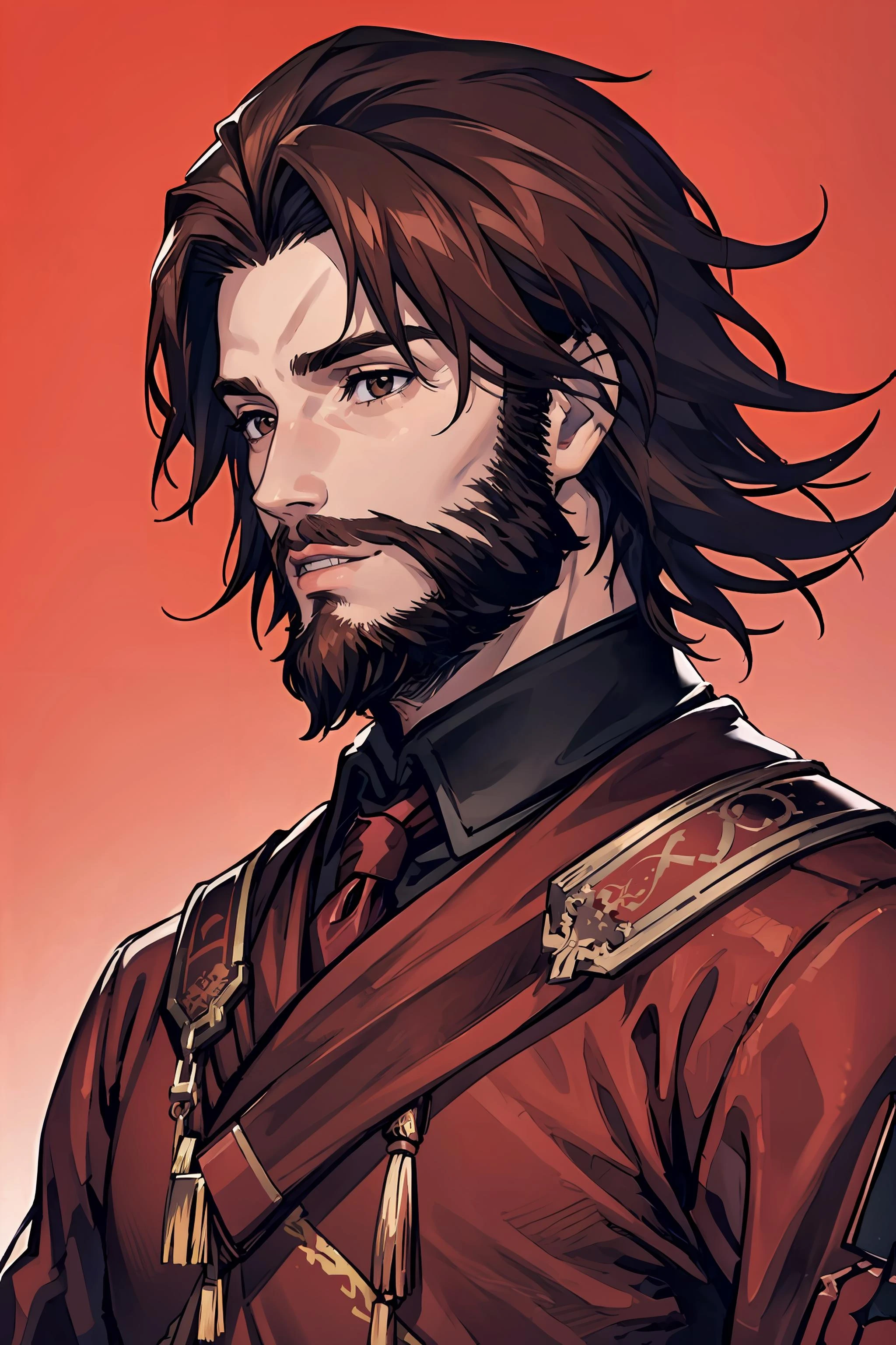 simple background, red_background, 1boy, 30yo man, upper body, beautiful face, portrait, medium hair, black_jacket, brown_hair, short beard,