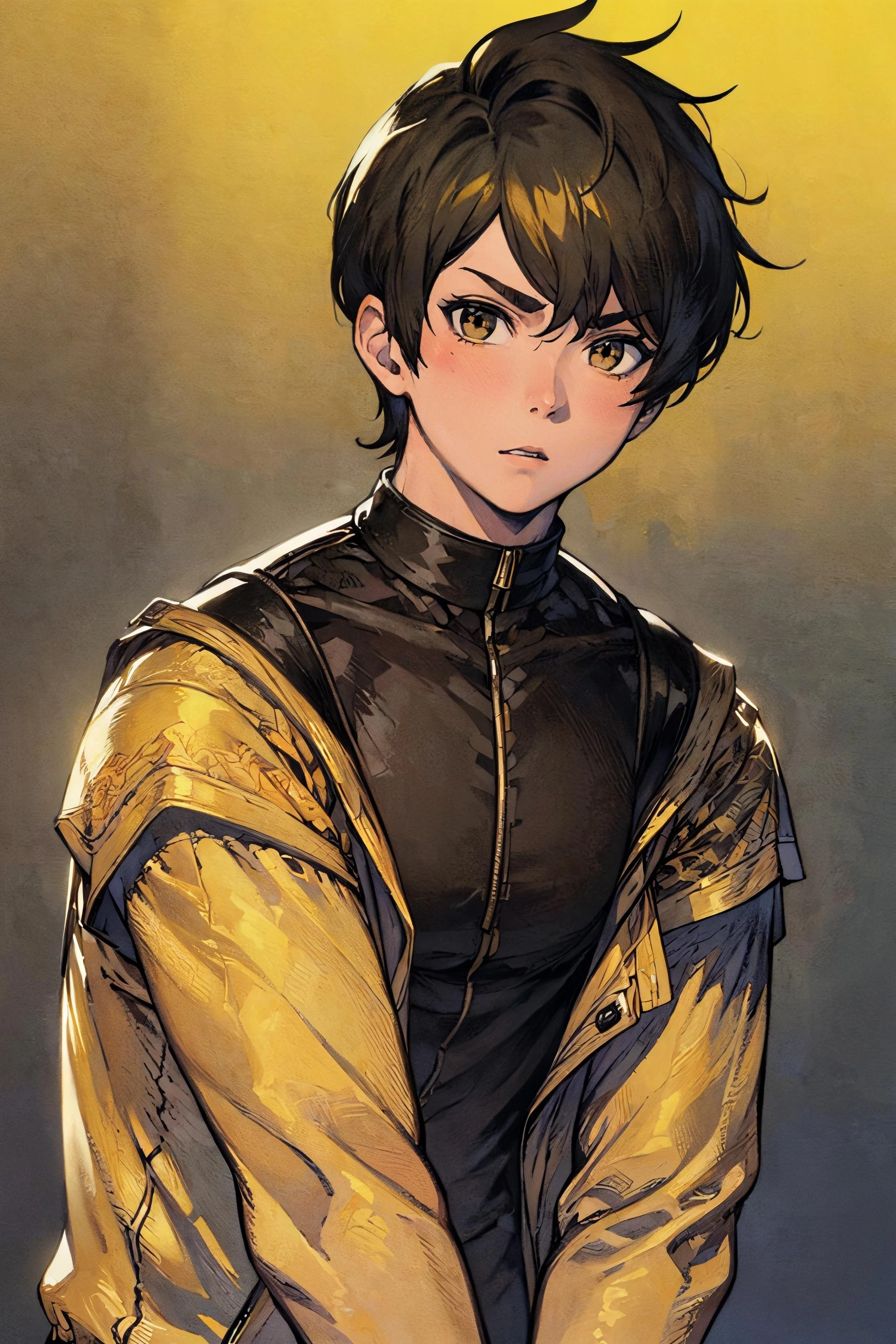 ((masterpiece)), ((best quality)), ((8k wallpaper)), ((high detailed)), yellow_background, simple background, 1boy, portrait, upper body, yellow_eyes, black_hair, furrowed eyebrows, yellow_jacket, black_shirt, looking at viewer,