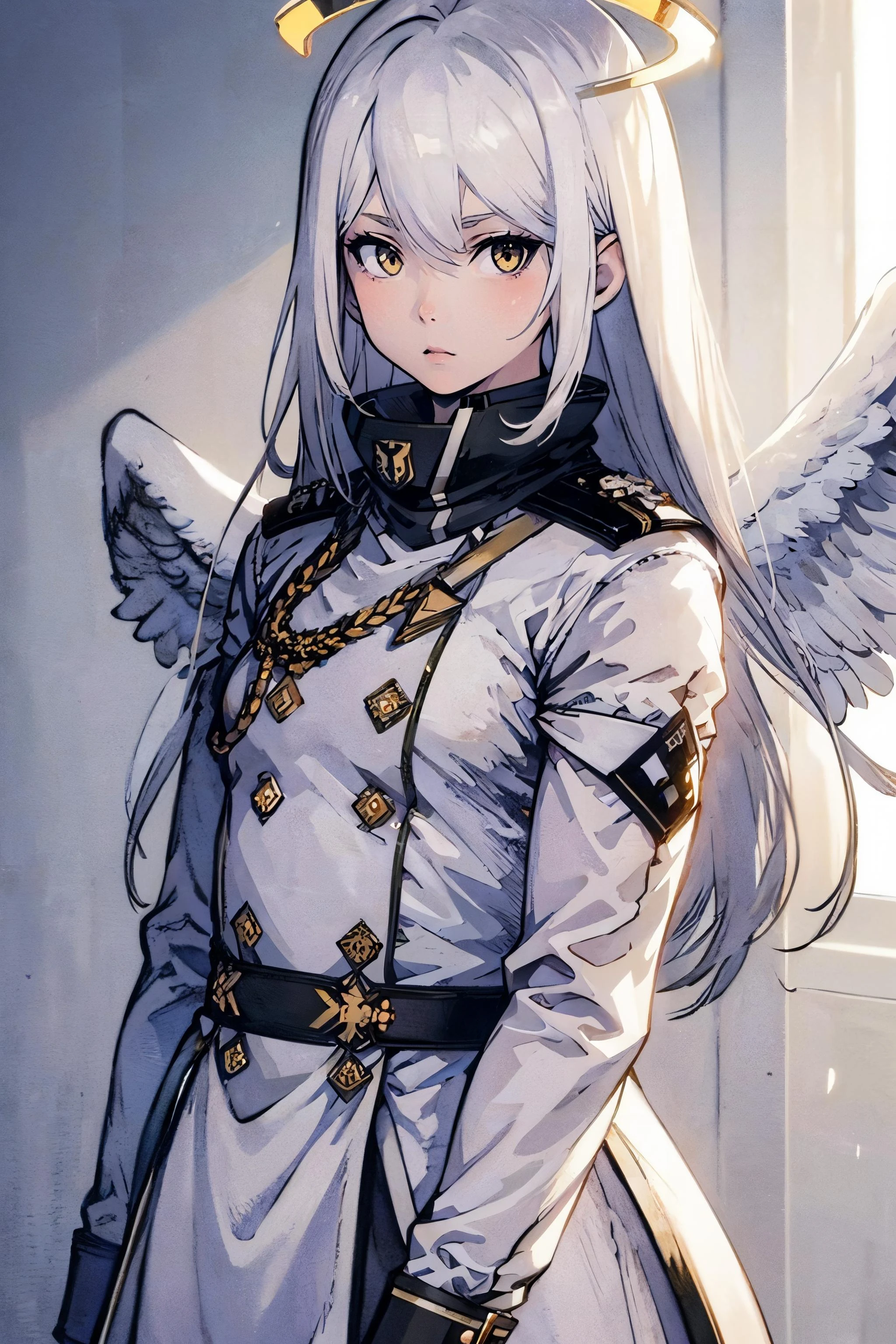 1girl, upper body, white_military_uniform, yellow_eyes, white_hair, long_hair, halo, angel wings, serious face, looking at viewer, from front,