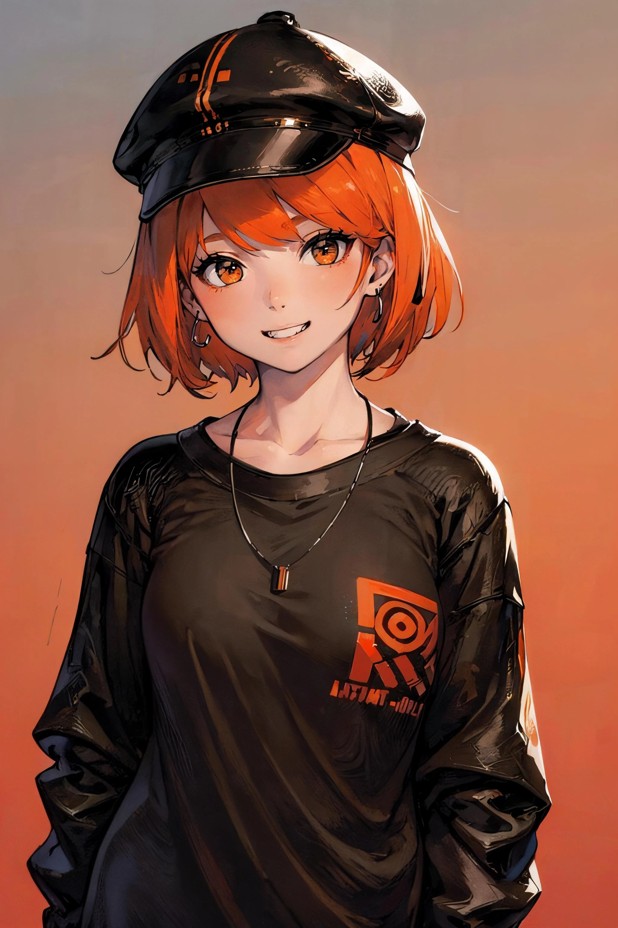 ((masterpiece)), ((best quality)), ((8k wallpaper)), ((high detailed)), simple_background, orange_background, 1girl, black_hair, orange_eyes, cute, portrait, upper body, grin, orange_jacket, black_shirt, black_cap, earrings, necklace, short_hair,