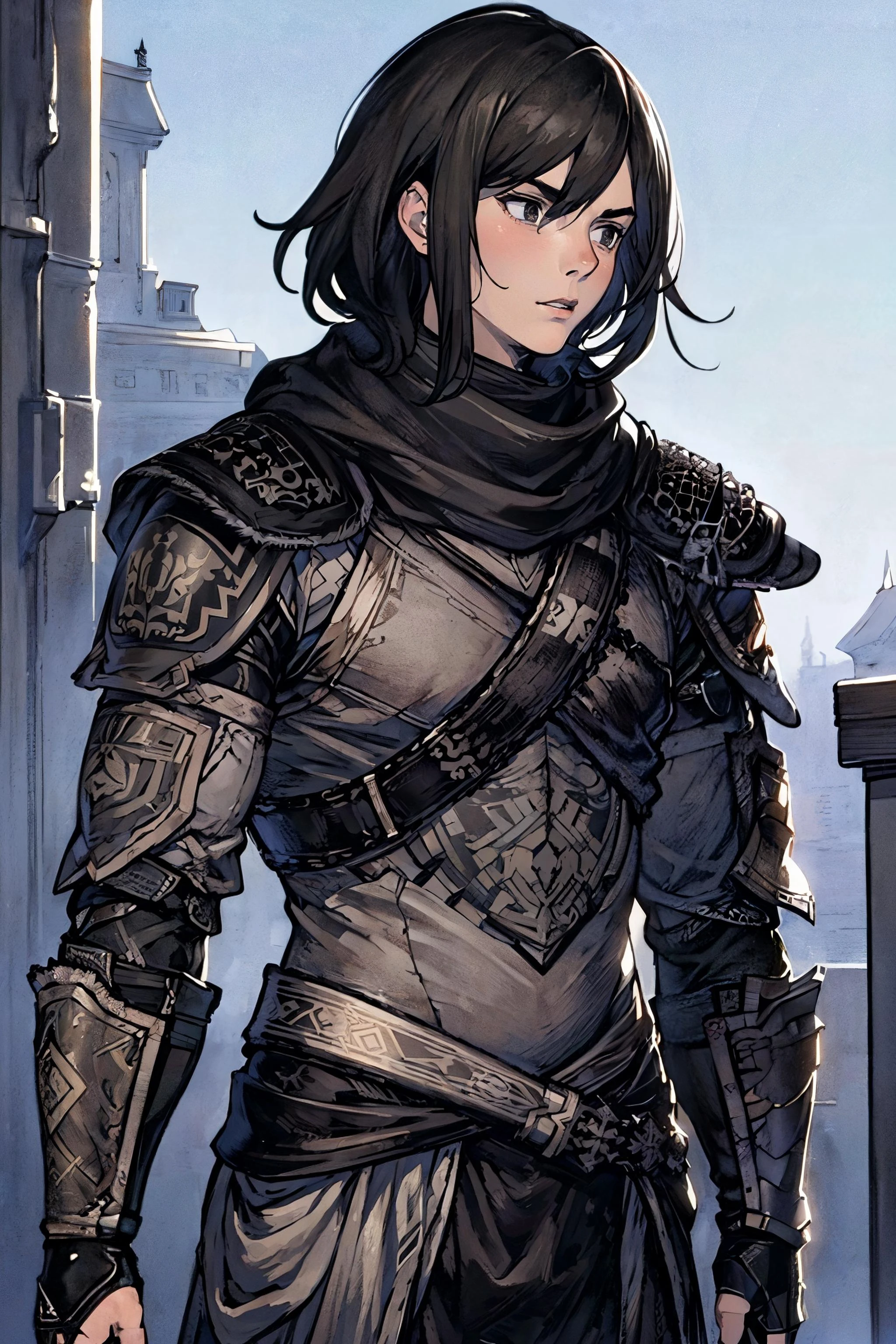 ((masterpiece)), ((best quality)), ((8k wallpaper)), ((high detailed)), ((1boy)), man, young man, beautiful face, medium hair, black_hair, serious face, serious, jacket, armor, red_scarf, silver_armor, portrait, upper body, looking away, grey_eyes