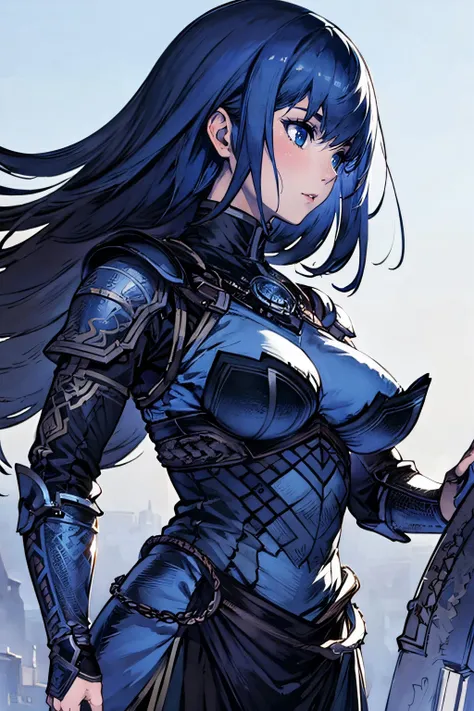 masterpiece, best quality, 1girl, portrait, upper body, dark_blue_hair, armor,