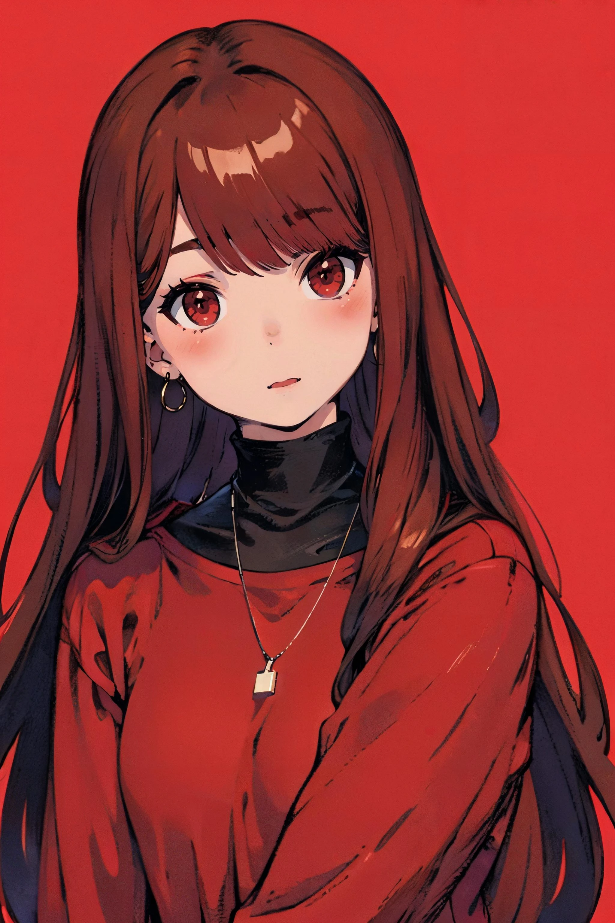 red_background, simple_background, 1girl, brown_hair, red_eyes, cute, long_hair, bangs, brown_turtleneck_sweater, collar, earrings,
