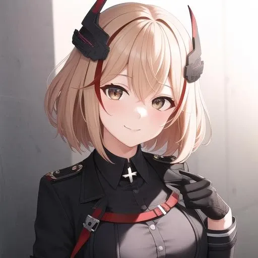 (masterpiece, best quality:1.2),illustration,8k,hd,absurdres,1girl,solo,upper body,(portrait:1.2),black_shirt,black_skirt,headgear,blonde_hair,large_breasts,multicolored_hair,iron_cross,long_sleeves,streaked_hair,bangs,red_hair,pleated_skirt,short_hair,smile,hair_between_eyes,miniskirt,brown_eyes,black_jacket,black_footwear,cropped_jacket,buttons,knee_boots,high_heel_boots,gloves,high_heels,collared_shirt,<lora:Roon(azur)>,