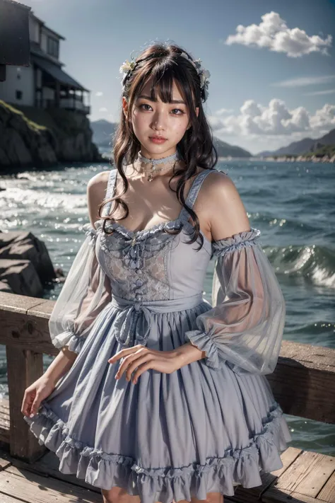(realistic:1.3), finely detailed, quality, rembrandt lighting, (masterpiece:1.2), (photorealistic:1.2), (best quality), (detailed skin:1.3), (intricate details), dramatic, ray tracing, 1girl, japanese girl, 21 years old, detailed skin texture, (blush:0.5), (goosebumps:0.5), subsurface scattering, smiling, medium breasts, long hair curls, bangs, hair between eyes, hair ornaments, choker, grey dress, short dress, lace, frills, detached sleeves, long sleeves, see-through, qhb \(manaka nemu\), cowboy shot, (arms at side:1.2), (bright sunny day, outdoors, pier, sea, sky), <lora:Dress No.12 V3 qhb:0.8>