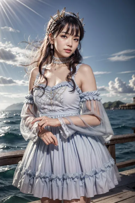 (realistic:1.3), finely detailed, quality, rembrandt lighting, (masterpiece:1.2), (photorealistic:1.2), (best quality), (detailed skin:1.3), (intricate details), dramatic, ray tracing, 1girl, japanese girl, 21 years old, detailed skin texture, (blush:0.5), (goosebumps:0.5), subsurface scattering, smiling, medium breasts, long hair curls, bangs, hair between eyes, hair ornaments, choker, grey dress, short dress, lace, frills, detached sleeves, long sleeves, see-through, qhb \(manaka nemu\), cowboy shot, (arms at side:1.2), (bright sunny day, outdoors, pier, sea, sky), <lora:Dress No.12 V3 qhb:0.8>