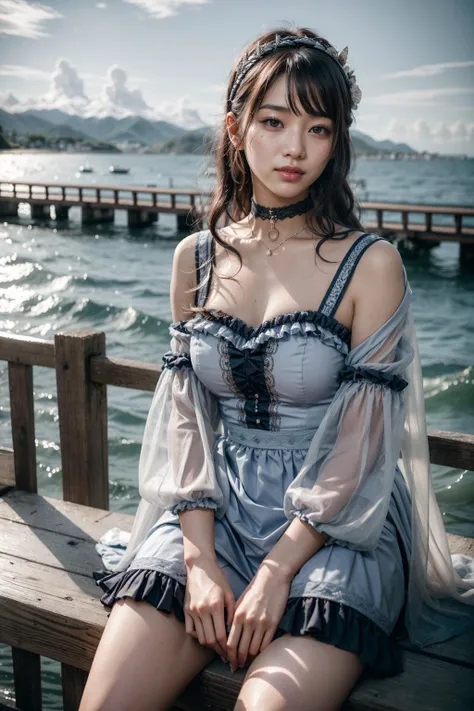 (realistic:1.3), finely detailed, quality, rembrandt lighting, (masterpiece:1.2), (photorealistic:1.2), (best quality), (detailed skin:1.3), (intricate details), dramatic, ray tracing, 1girl, japanese girl, 21 years old, detailed skin texture, (blush:0.5), (goosebumps:0.5), subsurface scattering, smiling, medium breasts, long hair curls, bangs, hair between eyes, hair ornaments, choker, grey dress, short dress, lace, frills, detached sleeves, long sleeves, see-through, qhb \(manaka nemu\), cowboy shot, sitting, (arms at side:1.2), (bright sunny day, outdoors, pier, sea, sky), <lora:Dress No.12 V3 qhb:0.8>