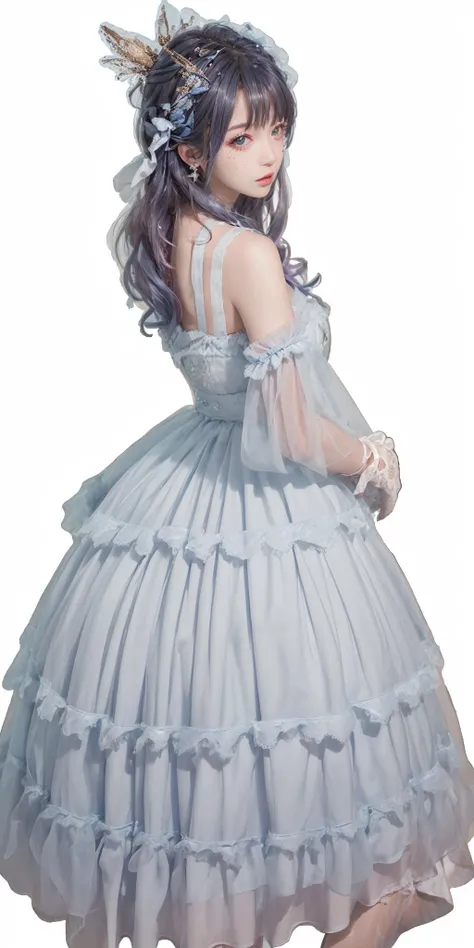 Best quality, masterpiece, ultra high res, raw photo, beautiful and aesthetic, deep shadow, fairy theme,(ultra detailed:1.3),
1girl, standing pose, headdress, (beautiful face, detailed eye, embarrassed), drill hair, long hair, blonde hair, gradient hair, yellow eyes, solo, (busty breasts, gigantic breasts:1.1), big hair, blue hair, divine goddess, looking at viewer, indoors, modern bedroom, room full of curtain, astraea, full body, Sea Shell Bowknots dress,frilled dress,painting \(medium\),