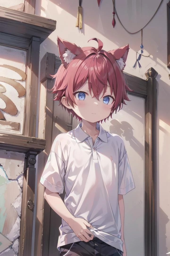 1boy, aki, crimson hair, animal ears, masterpiece, ultra detail, male focus, white polo shirt
<lora:last-000071:0.7>