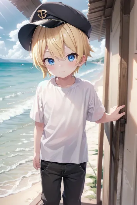 1boy, aoki, blonde hair, masterpiece, ultra detail, male focus, shirt shirt, cap, blue eyes, beach
<lora:last-000071:0.7>