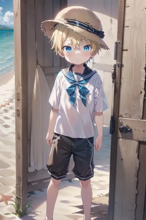 1boy, aoki, blonde hair, masterpiece, ultra detail, male focus, shirt shirt, hat, blue eyes, beach
 <lora:last-000071:0.7>