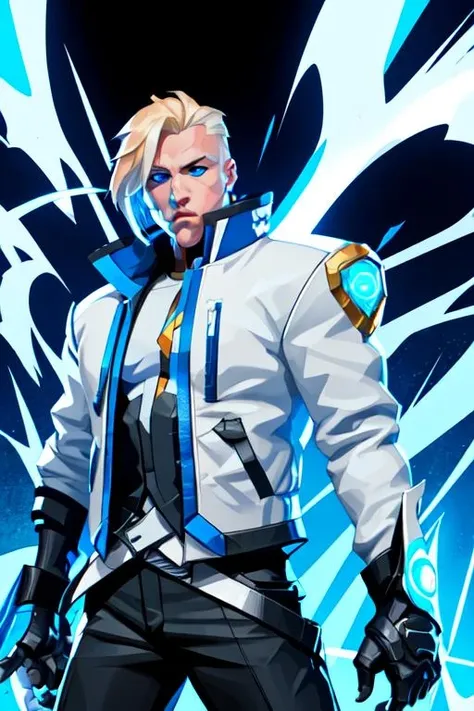 1boy, ky kiske, white jacket, jacket on shoulders, blue eyes, black pants, belt, blue gloves, upper body, valorant <lora:VALORANT-10:1>