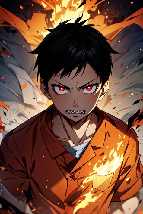 1boy,kusakabe_shinra,black hair,short hair,red eyes,sharp teeth,smile,(orange suit),looking at viewer,clothes on fire,closeup,upper body,masterpiece,extremely detailed CG unity 8k wallpaper, best quality,32k,focus sharp, <lora:kusakabe_shinra:0.8>, <lora:add_detail:0.7>, <lora:Light and Shadow:0.6>