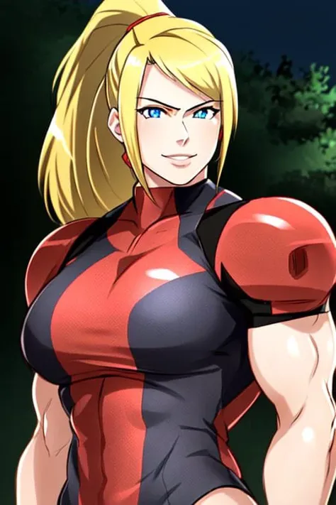 1girl, samus aran, highly detailed eyes, intricate details, ((realistic)), round pupils, solo, blue eyes, blonde hair, ponytail,((cartoon)), looking at viewer, smug, soft lighting, muscular female, arms behind back, (upper body), forest,