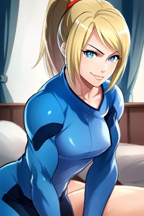 1girl, samus aran, highly detailed eyes, intricate details, ((realistic)), round pupils, solo, blue eyes, blonde hair, ponytail, short hair, (zero suit), ((cartoon)), looking at viewer, smug, soft lighting, muscular female, bedroom,