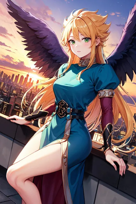 masterpiece, best quality, highres, bbnina, blonde hair, long hair, green eyes, (purple wings:1.1), feathered wings, blue dress, puffy sleeves, long sleeves, thighs, side slit, <lora:nina_bof2_v1:0.8>, standing, rooftop, sunset, city