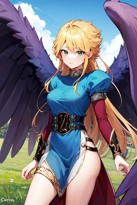 masterpiece, best quality, highres, bbnina, blonde hair, long hair, green eyes, (purple wings:1.1), feathered wings, blue dress, puffy sleeves, long sleeves, thighs, side slit, <lora:nina_bof2_v1:0.8>, cowboy shot, standing, outdoors, smile, waving, open mouth,