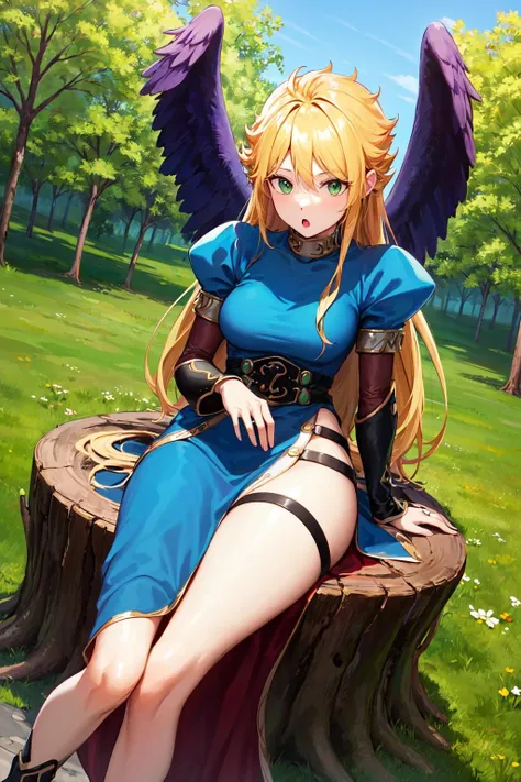masterpiece, best quality, highres, bbnina, blonde hair, long hair, green eyes, (purple wings:1.1), feathered wings, blue dress, puffy sleeves, long sleeves, thighs, side slit, <lora:nina_bof2_v1:0.8>, forest, sitting, tree stump, :o