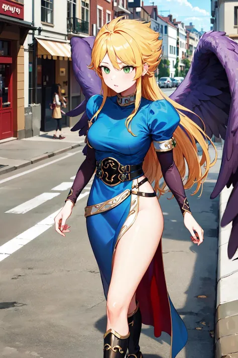 masterpiece, best quality, highres, bbnina, blonde hair, long hair, green eyes, (purple wings:1.1), feathered wings, blue dress, puffy sleeves, long sleeves, thighs, side slit, <lora:nina_bof2_v1:0.8>, walking, street, boots