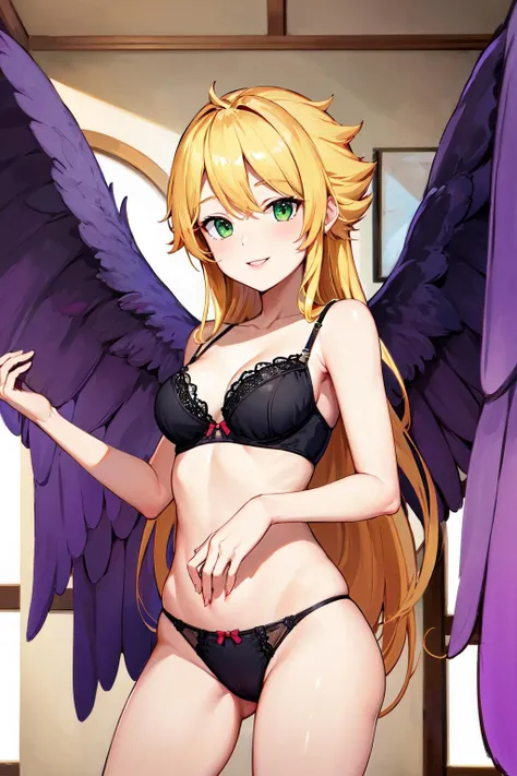 masterpiece, best quality, highres, bbnina, blonde hair, long hair, green eyes, (purple wings:1.1), feathered wings, <lora:nina_bof2_v1:0.8>, indoors, standing, lingerie, bra, panties, thong, smile