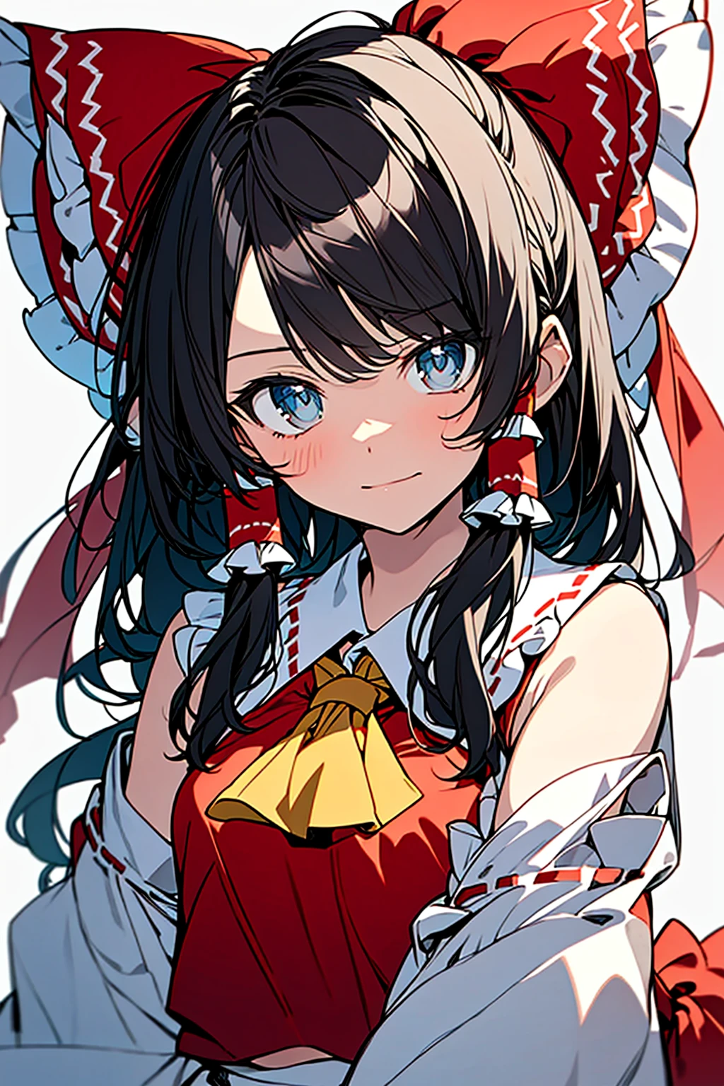 masterpiece, best quality, reimu hakurei, looking at viewer, (detailed eyes:1.1), head tilt, simple background,
