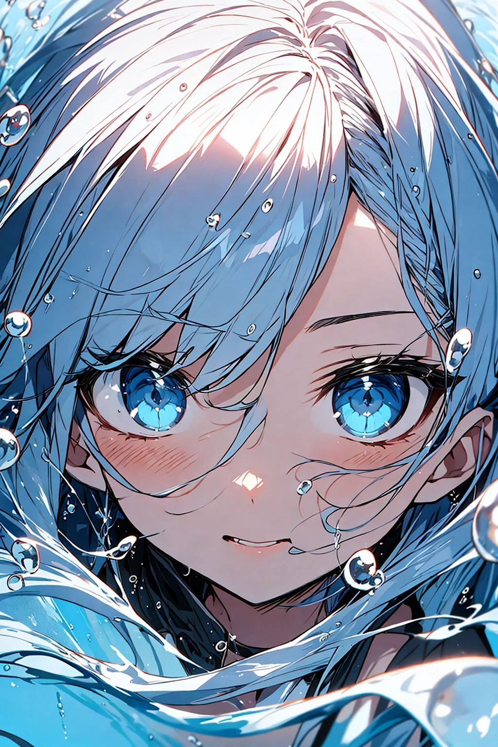 masterpiece, best quality, kamisato ayaka, face, light blue hair, light blue eyes,, hime cut, blue filter, water drop
