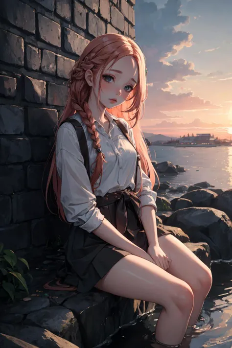 (masterpiece misguided style, best quality, dusk:1.3), a cute irish girl, portrait-type, copper, chubby, lonely, gray waterfall braid, lip balm, sunset background, Exquisite, trending on CGSociety, nsfw"