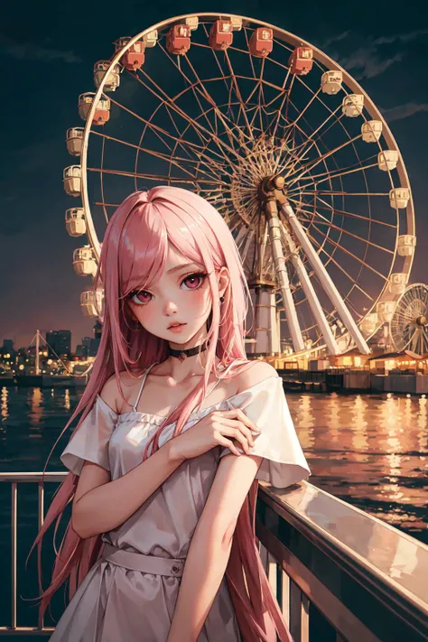 (masterpiece youthful style, best quality, dusk:1.3), a cute malay girl, portrait-type, chocolate, elegant, miserable, pink shaggy hair, false lashes, ferris wheel background, Magnificent, trending on Saatchi Art, nsfw