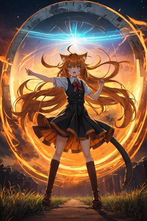 cat girl, long hair, messy hair, ahoge, big orange eyes, Time loop, time travel, Time vortex, outdoor, cowboy shot