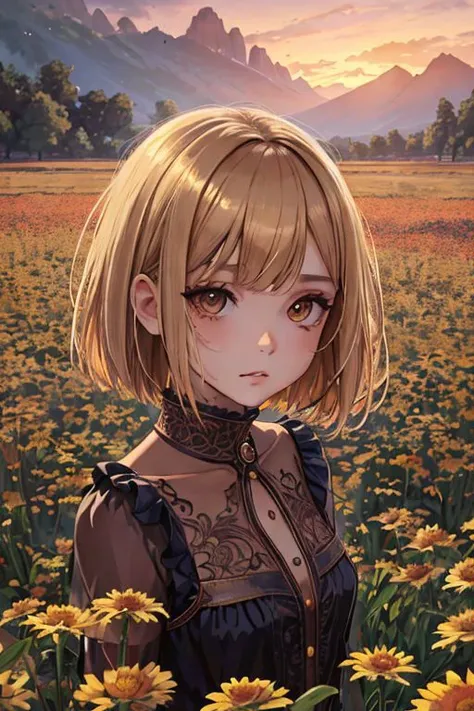 (masterpiece entire style, best quality, dusk:1.3), a cute spanish girl, portrait-type, brown, slender, worried, medium blonde choppy bob, eye shadow, flower field background, Intricate, trending on Behance, nsfw
