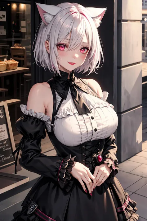 1girl, solo, detailed face, detailed eyes, black lipstick, reddish pink eyes, platinum white hair, shining short hair, (hair over one eye:1.1), sidelocks, blush, subtle smile, cat ears, volumetric lighting, bi-lighting, large firm breasts, standing outside a cafe, city background, black long gown with a high collar and frilled sleeves, white ribbon on hair,