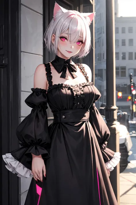 1girl, solo, detailed face, detailed eyes, black lipstick, reddish pink eyes, platinum white hair, shining short hair, (hair over one eye:1.1), sidelocks, blush, subtle smile, cat ears, volumetric lighting, bi-lighting, large firm breasts, standing outside a cafe, city background, black long gown with a high collar and frilled sleeves, white ribbon on hair,