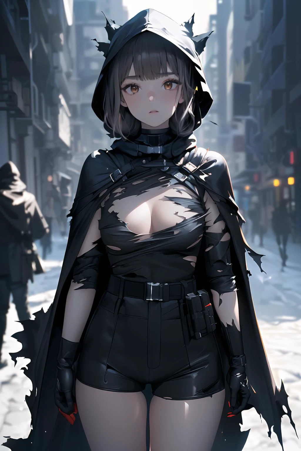 (best quality,absurd res:1.3),(illustration:1.1),perfect lighting,beautiful face,1girl,(bokeh photography:1.4),
dnikke, long sleeves, hood up, black shirt, gloves, shorts, cloak, belt, tactical clothes,
<lora:d-nikke-richy-v1:0.6> <lora:clothing_explosion_lora01:0.7> (torn clothes,nude:1.3),