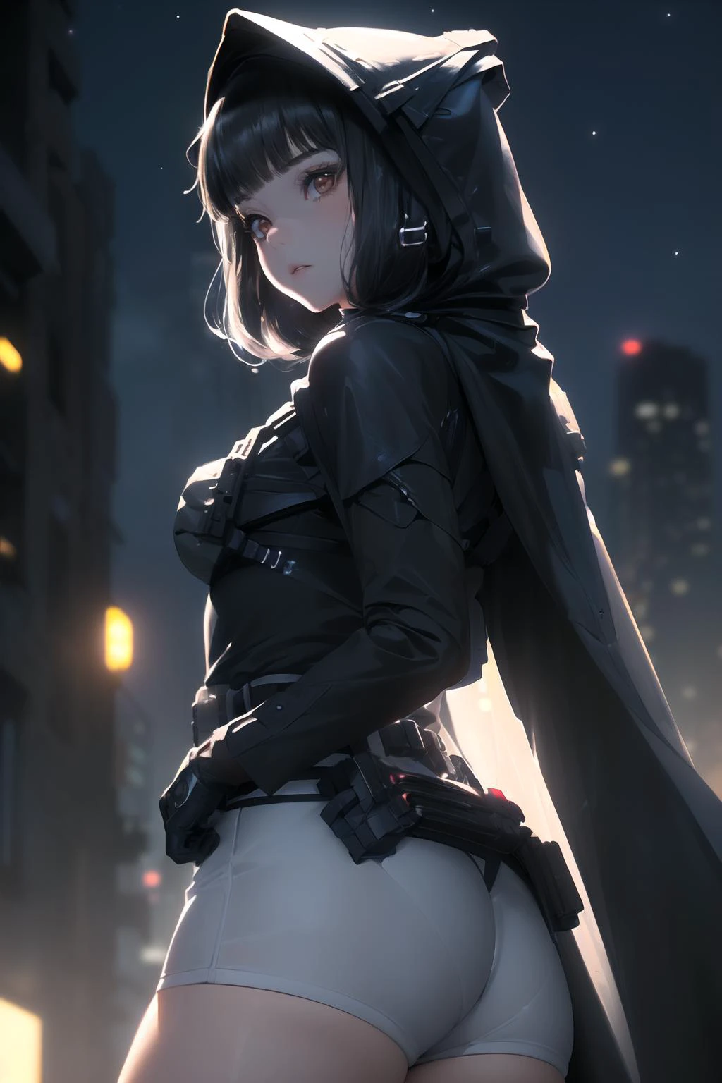 (best quality,absurd res:1.3),(illustration:1.1),perfect lighting,beautiful face,1girl,(bokeh photography:1.4),(from below:1.3),city,backlighting,nightsky,
dnikke, long sleeves, hood up, black shirt, gloves, shorts, cloak, belt, tactical clothes
<lora:d-nikke-richy-v1:1>