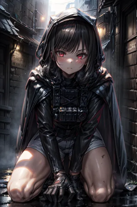detailed illustration, close up, of a mature woman, dnikke, long sleeves, hood up, black shirt, gloves, shorts, black cloak, belt, tactical clothes, blush, pursed lips, pouting, leaning forward, (finger on lips), on knees, legs spread, outdoors, nigh time, dark dirty alley, cinematic lighting, hires, volumetric lighting, highly detailed background, masterpiece, <lora:add_detail:0.5> <lora:hairdetailer:0.5> <lora:d-nikke-richy-v1:1>