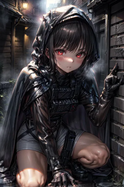 detailed illustration, close up, of a mature woman, dnikke, long sleeves, hood up, black shirt, gloves, shorts, black cloak, belt, tactical clothes, blush, pursed lips, pouting, leaning forward, (finger on lips), on knees, legs spread, outdoors, nigh time, dark dirty alley, cinematic lighting, hires, volumetric lighting, highly detailed background, masterpiece, <lora:add_detail:0.5> <lora:hairdetailer:0.5> <lora:d-nikke-richy-v1:1>