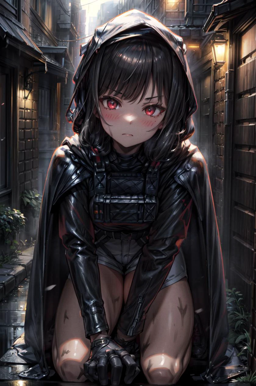 detailed illustration, close up, of a mature woman, dnikke, long sleeves, hood up, black shirt, gloves, shorts, black cloak, belt, tactical clothes, blush, pursed lips, pouting, leaning forward, (finger on lips), on knees, legs spread, outdoors, nigh time, dark dirty alley, cinematic lighting, hires, volumetric lighting, highly detailed background, masterpiece, <lora:add_detail:0.5> <lora:hairdetailer:0.5> <lora:d-nikke-richy-v1:1>