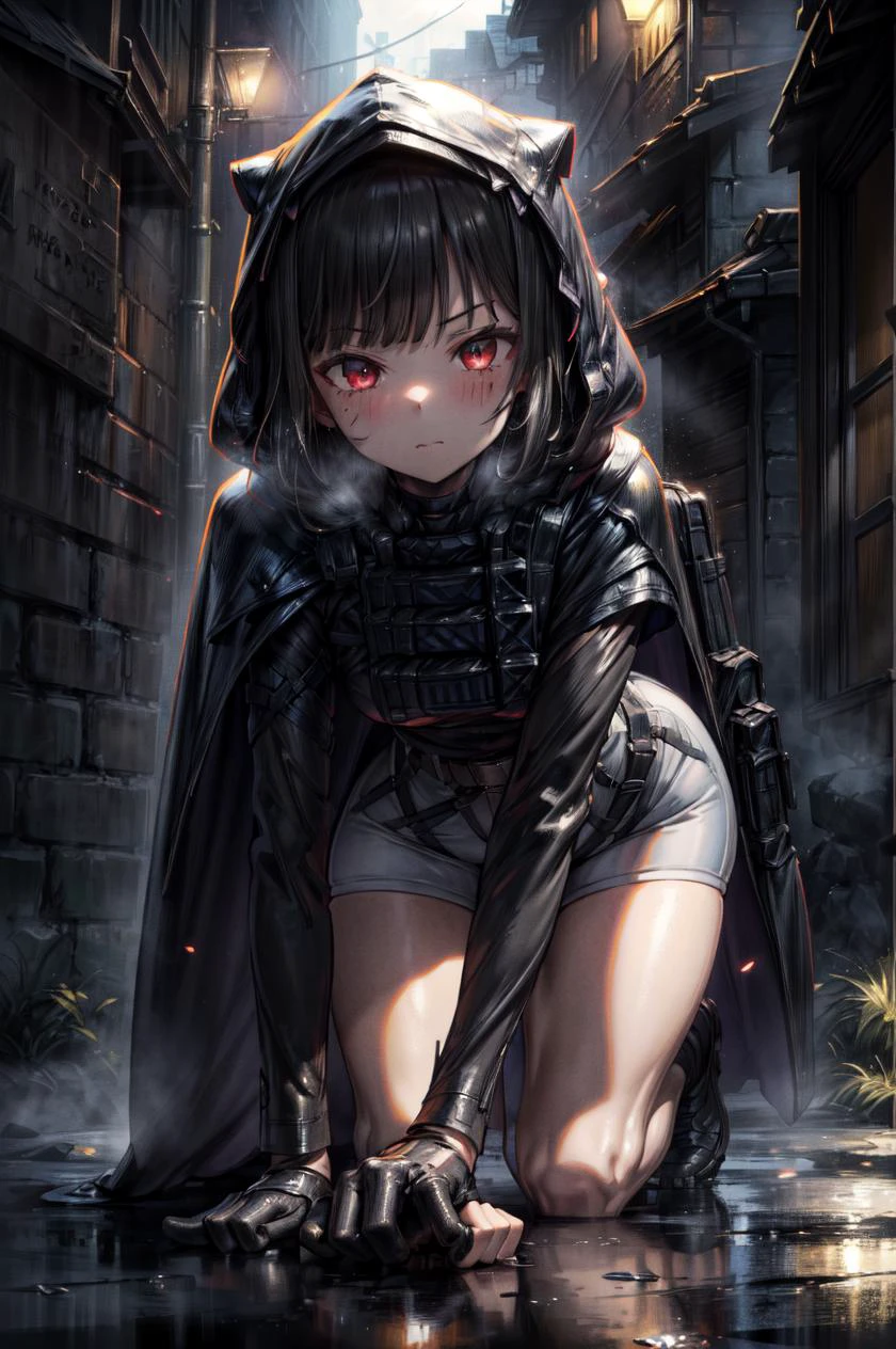 detailed illustration, close up, of a mature woman, dnikke, long sleeves, hood up, black shirt, gloves, shorts, black cloak, belt, tactical clothes, blush, pursed lips, pouting, leaning forward, (finger on lips), on knees, legs spread, outdoors, nigh time, dark dirty alley, cinematic lighting, hires, volumetric lighting, highly detailed background, masterpiece, <lora:add_detail:0.5> <lora:hairdetailer:0.5> <lora:d-nikke-richy-v1:1>