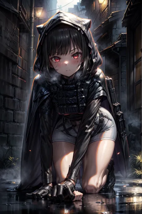 detailed illustration, close up, of a mature woman, dnikke, long sleeves, hood up, black shirt, gloves, shorts, black cloak, belt, tactical clothes, blush, pursed lips, pouting, leaning forward, (finger on lips), on knees, legs spread, outdoors, nigh time, dark dirty alley, cinematic lighting, hires, volumetric lighting, highly detailed background, masterpiece, <lora:add_detail:0.5> <lora:hairdetailer:0.5>  <lora:d-nikke-richy-v1:1>