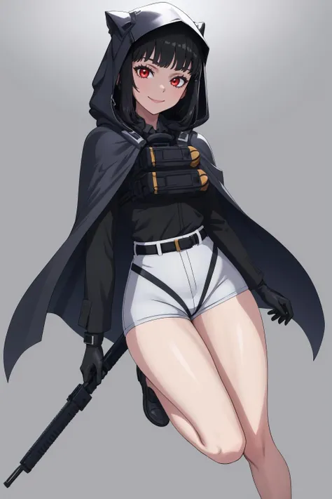 1girl, tan skin, tan, tan-skinned female, from behind, ass, ass focus, thong, panties, jacket, smile, smirk, smug, breasts, huge ass, ((huge ass)), thick thighs, mature female, black hair, very short hair, yellow eyes, forest, black jacket, ((black jacket)), hooded jacket, belt, military hat, cap, gloves, highleg, gun, highleg thong, black thong, tomboy, pixie cut, thighhighs, black thighhighs