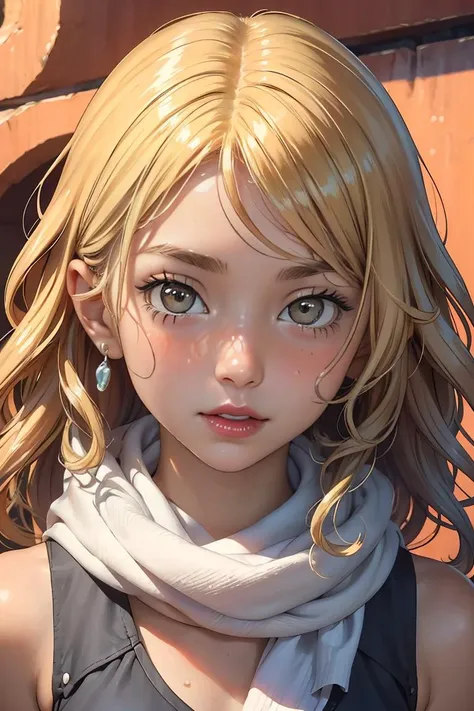 (masterpiece, best quality), 1girl, Fit, Square Face, Fair Skin, Wide Nose, Bow-shaped Lips, Sharp Chin, Orange glossy lipstick, scarf, blonde Wavy Hair Medium-Length Hair Curls <lora:kantoku_v0.1:1>