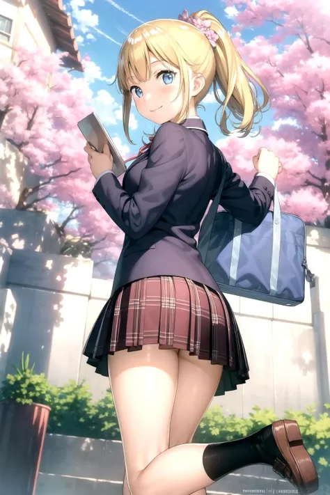 <lora:kantoku_v0.1:1>
1girl, solo, long hair, looking at viewer, blush, smile, bangs, blue eyes, skirt, blonde hair, hair ornament, long sleeves, ribbon, holding, school uniform, jacket, ponytail, flower, pleated skirt, outdoors, shoes, socks, looking back, artist name, hair flower, bag, blue skirt, plaid, kneehighs, petals, dutch angle, shadow, plaid skirt, brown footwear, no shoes, leg up, sunlight, blazer, cherry blossoms, black socks, loafers, school bag, argyle, shade, shoes removed, dappled sunlight, argyle legwear, tree shade, holding shoes, school briefcase, masterpiece, best quality, highly detailed