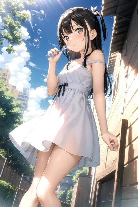 <lora:kantoku_v0.1:1>
1girl, solo, long hair, looking at viewer, blush, bangs, black hair, hair ornament, dress, bow, bare shoulders, brown eyes, standing, flower, hair bow, outdoors, sky, day, two side up, tree, bare legs, from below, sunlight, bubble, dappled sunlight, bubble blowing, tree shade, masterpiece, best quality, highly detailed