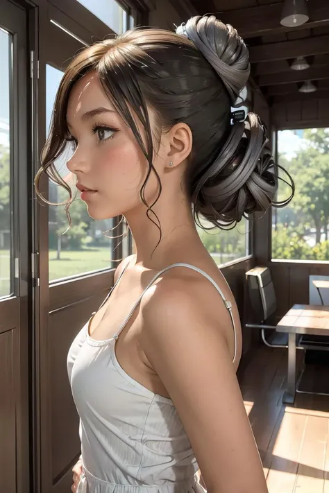 (masterpiece, best quality), 1girl, Ash gray Romantic Updo with Loose Curls, tiny breasts, <lora:kantoku_v0.1:1>